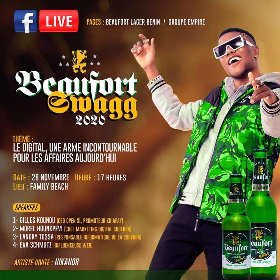 #Évenement | Rendez-vous ce samedi 28.11 à partir de 17h sur la page Facebook de Beaufort Lager pour vivre en direct la soirée #BeaufortSwaag sur le thème : Le Digital, une arme incontournable pour les affaires aujourd'hui. 

#TT229
#Wasexo