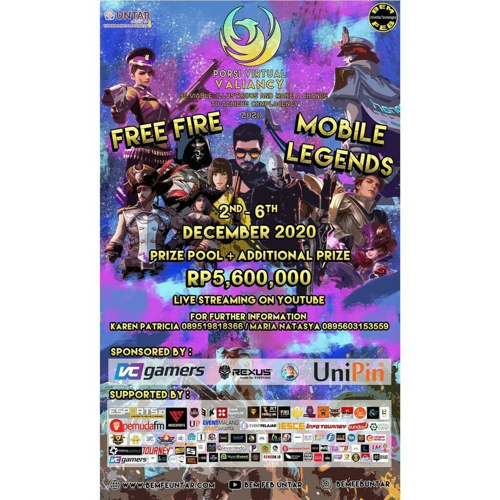 iesce_id's tweet photo. BEM FEB UNTAR proudly presents:

E-Sport Competition
Pekan Olah Raga &amp; Aksi Virtual (PORSI Virtual) VALIANCY 2020 "be ViAbLe, Illustrious, and mAke a chaNge to achieve ComplacencY"

Date:
2-6 Desember 2020

Requirements:
♤Scan of KM (for UNTAR) or KTP (for Public)

☆ Free Fi… https://t.co/Sv6Hq29IlT