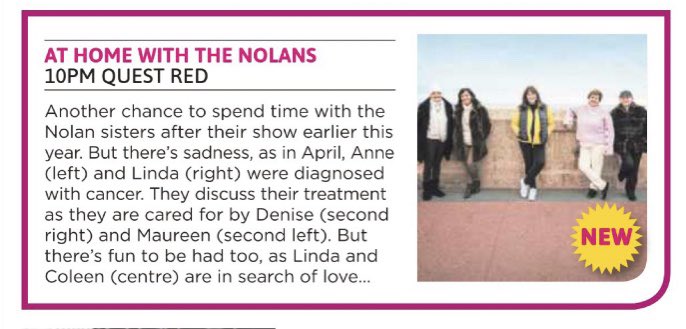 The_Nolans's tweet photo. Thank you so much @TheSun @SunTVMagazine for naming At Home with The Nolans as one of your Picks of the Day for Tuesday! 

Episode 1 airs this Tuesday (Dec 1) at 10pm on @QuestRedtv! #AtHomeWithTheNolans https://t.co/1k4iwnxu3i