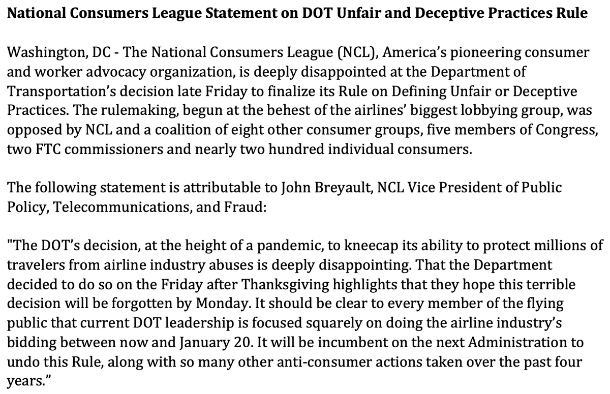 ncl_tweets's tweet photo. .@USDOT used the Friday after Thanksgiving to finalize its anti-consumer rule on unfair and deceptive practices. Here is NCL’s statement on the move. https://t.co/zISgYptINF