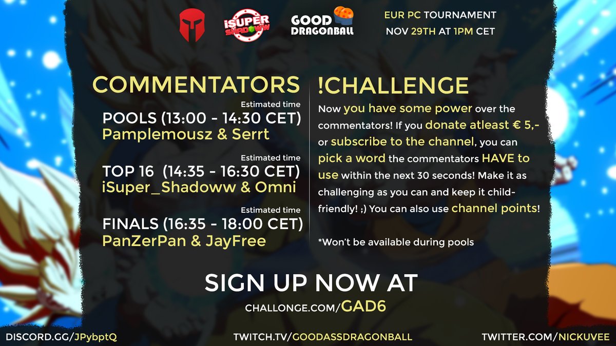 NickVissersCom's tweet image. These will be your GAD6 commentators!

Pools: @Pamplemousz &amp;amp; @Serrt_
Top 16: @EmeraldsChaos &amp;amp; @HekirekiFGC
Finals: @PanZerPanFGC &amp;amp; @xJayFree

Give them a follow!

In other news: we've just passed the 100 mark!
Prizepool is now at €106,40!!

Sign up now: challonge.com/gad6