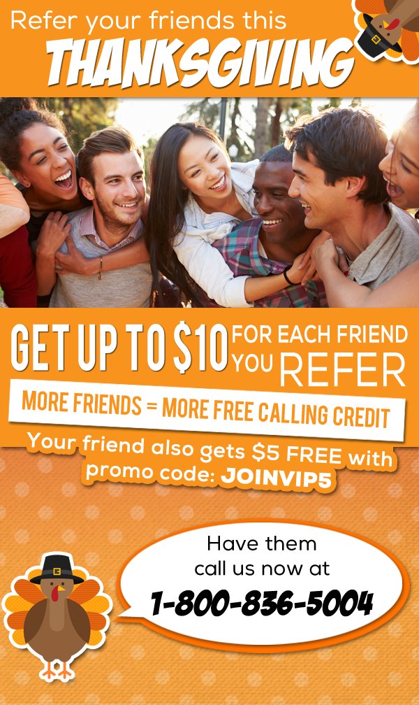 JoinVIP's tweet image. Refer your friends this Thanksgiving!

Tell your friends to sign up with VIP and we will give you both FREE calling credit. Get up to $10 for each friend you refer.

Sign-up via joinvip.com/mobile-recharge

#joinvip #internationalcalling #internationalrecharge 
 #Thanksgiving2020