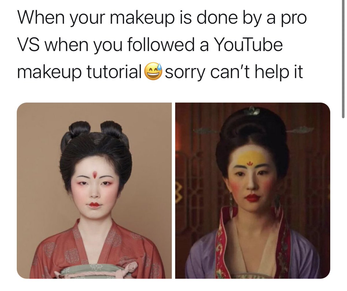 I'm not here to defend Mulan (filmed in Xinjiang, where cultural genocide is still happening) but this tweet illustrates our denial of storytelling.Her makeup looks bad because that's the story. However ham-fistedly executed, it's an obvious critique of traditional femininity.