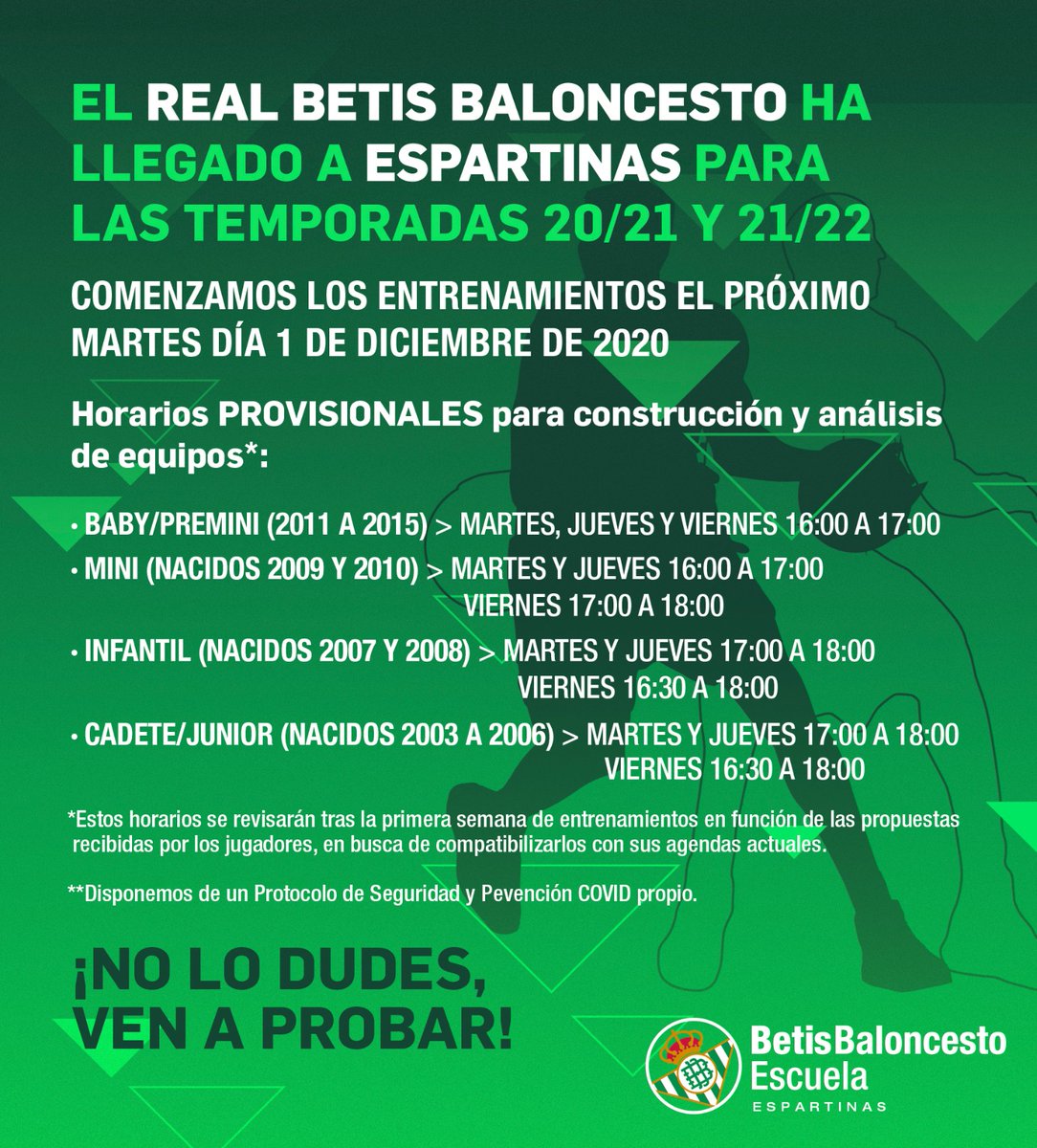 BaloncestoSev's tweet photo. ¡Aterrizamos en Espartinas! 🛬

La Escuela del Real Betis Baloncesto arrancará allí este martes 1 de diciembre 🔜📆

Aún estás a tiempo de apuntarte a vivir una experiencia única ⌛

➡ https://t.co/zBRBNtndAe https://t.co/NVCh4Qik22