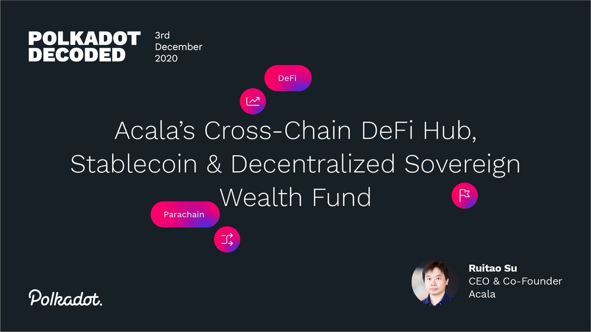 Polkadot's tweet photo. Interested in DeFi on Polkadot? @ruitao_su discusses the innovative features of @AcalaNetwork at #PolkadotDecoded. 
December 3rd from 16:00 CET.
https://t.co/C6H6tY3U6m https://t.co/S50T8G34AL