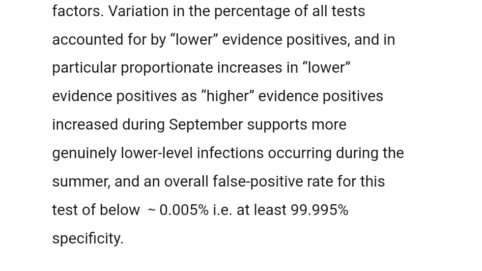 1) Jumping ahead to the conclusion, it estimates the false positive rate for the ONS survey (whose tests are processed in the same labs in Milton Keynes and later Glasgow that handle many pillar 2 tests) was less than 0.005%.That's 1 false positive for every 20,000 tests!