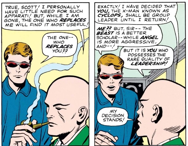 The second validation is from Xavier. Early issues build tension around who will serve as the “alpha” in the sense of leading the X-Men. Scott wins here too, this time by exhibiting fealty to an authoritarian patriarch. (Not coincidentally, he then wins Jean’s affection). 3/7