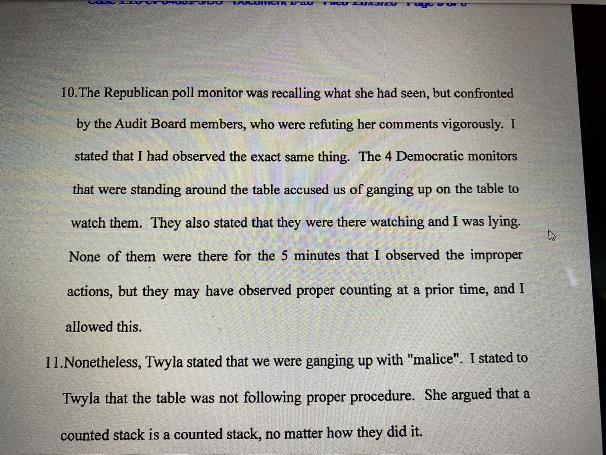 The rest (about 10 affidavits of the total 30ish) describe grievances from poll monitors during the recount.One gripes about “perfect bubbles.”Another, about “lying”. A third notes an issue that recount workers were alerted to ... then just fixed the problem. Period.