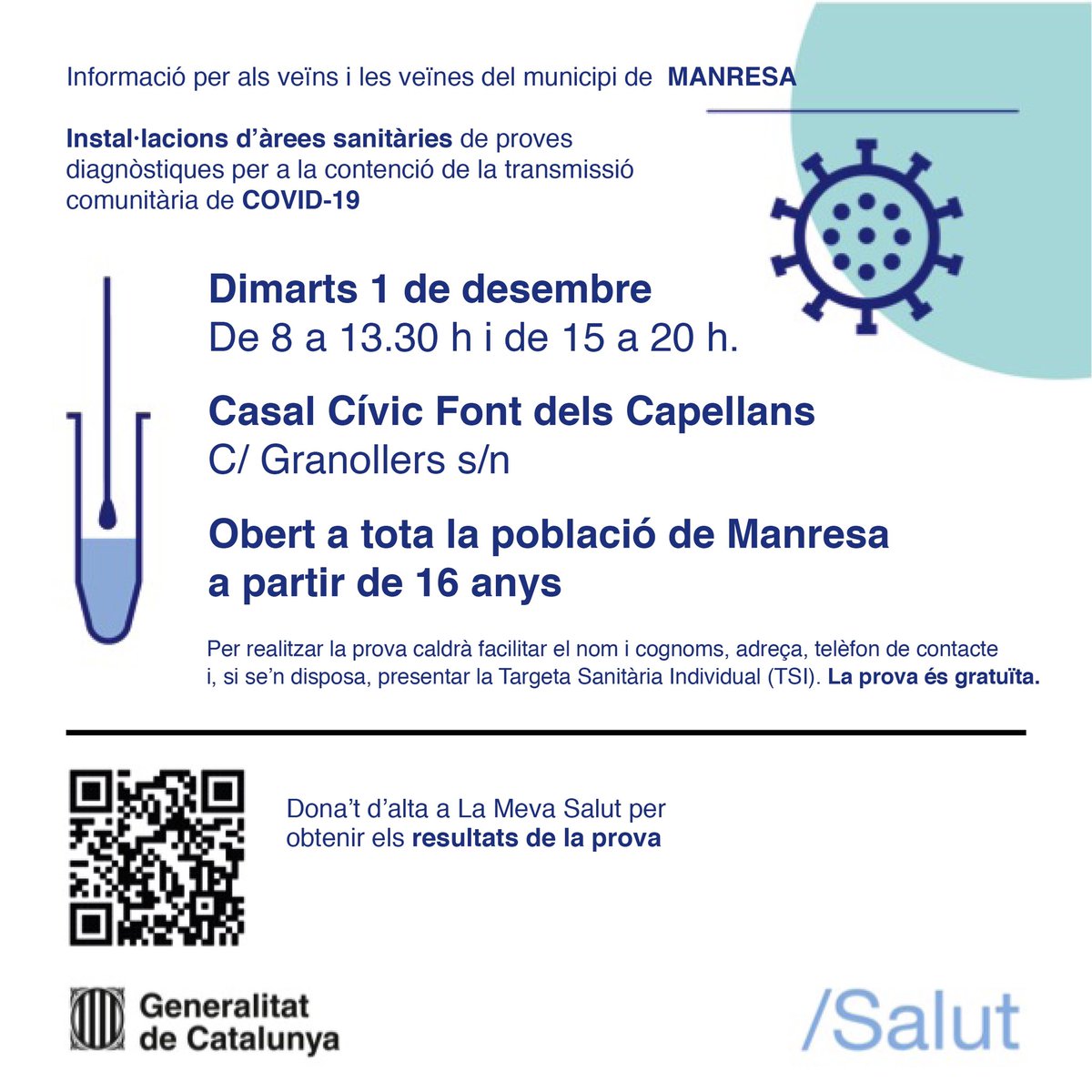 ajmanresa's tweet photo. ‼️‼️‼️ Nous cribratges massius amb test d’antígens oberts a tota la població de #Manresa a partir de 16 anys.

🕓 Dimarts 1 de desembre al casal cívic de la Font dels Capellans, i dijous 3 a l’Ateneu de les Bases.

➕ℹ️👇 https://t.co/IxwSBkYU9J