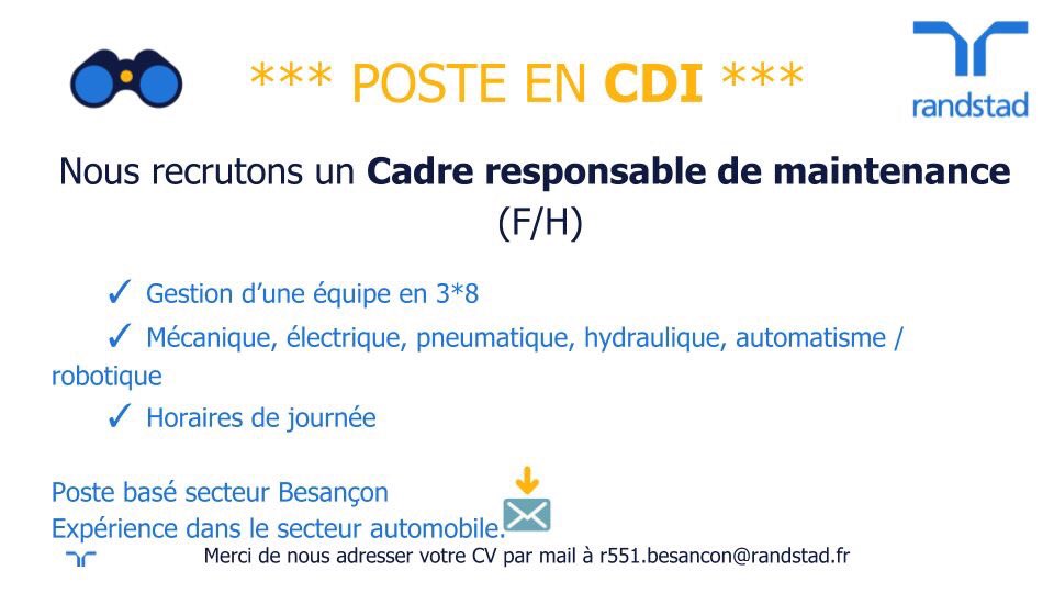 #JOB 5 postes dans l’#Industrie à pourvoir immédiatement. C'est chez Randstad #Besançon que ça se passe ! Merci d'adresser votre CV par mail à r551.besancon@randstad.fr
Plus d'infos : ☎ 03 81 88 17 77

#Randstad #rh #carriere #job #emploi #emplois #offredemploi #recrutement