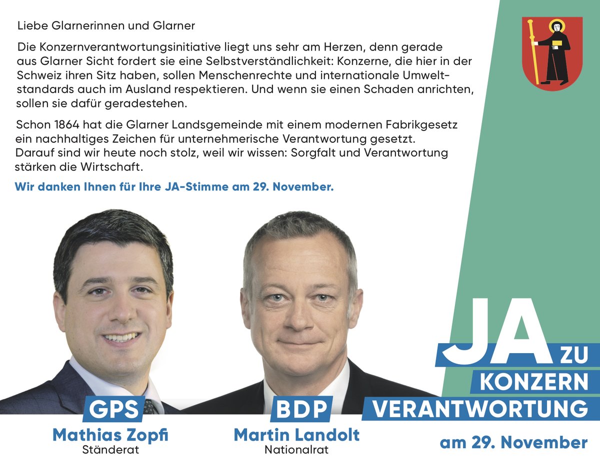 Bürgerliches Komitee für Konzernverantwortung (@buergkomitee) on Twitter photo Tolles Inserat <a href="/LandoltMartin/">Martin Landolt</a> und Mathias Zopfi:
«Schon 1864 hat die Glarner Landsgemeinde mit einem modernen Fabrikgesetz ein nachhaltiges Zeichen für unternehmerische Verantwortung gesetzt.» Aus Glarner Sicht fordere die #kvi eine Selbstverständlichkeit. #Konzernverantwortung Tolles Inserat <a href="/LandoltMartin/">Martin Landolt</a> und Mathias Zopfi:
«Schon 1864 hat die Glarner Landsgemeinde mit einem modernen Fabrikgesetz ein nachhaltiges Zeichen für unternehmerische Verantwortung gesetzt.» Aus Glarner Sicht fordere die #kvi eine Selbstverständlichkeit. #Konzernverantwortung