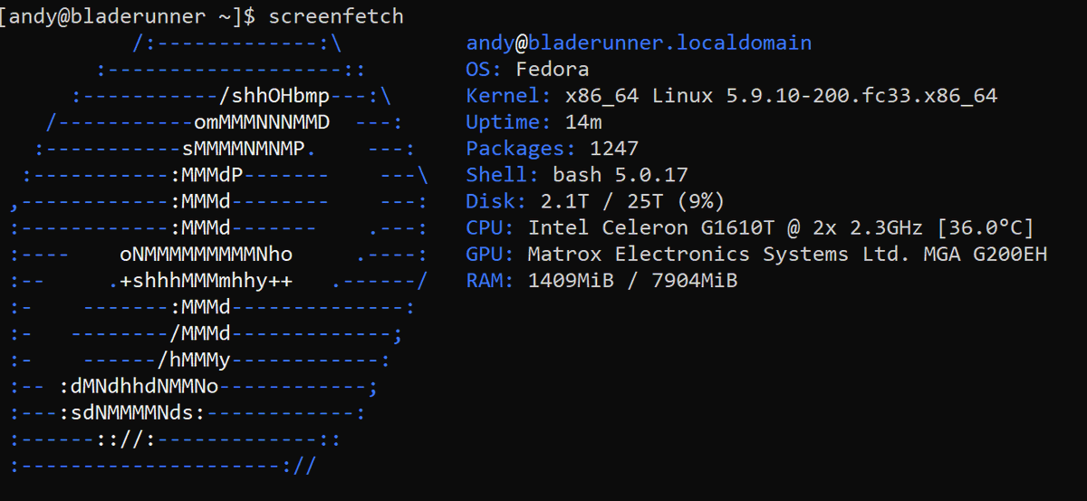 N1X0uT1aW's tweet photo. @fedora server upgraded to 33 on my HP microserver. No issues and @OpenZFS worked staright away. Usually have to rebuild dkms but all good. #fedora #zfs #fedoraserver https://t.co/H52m8MA0mS