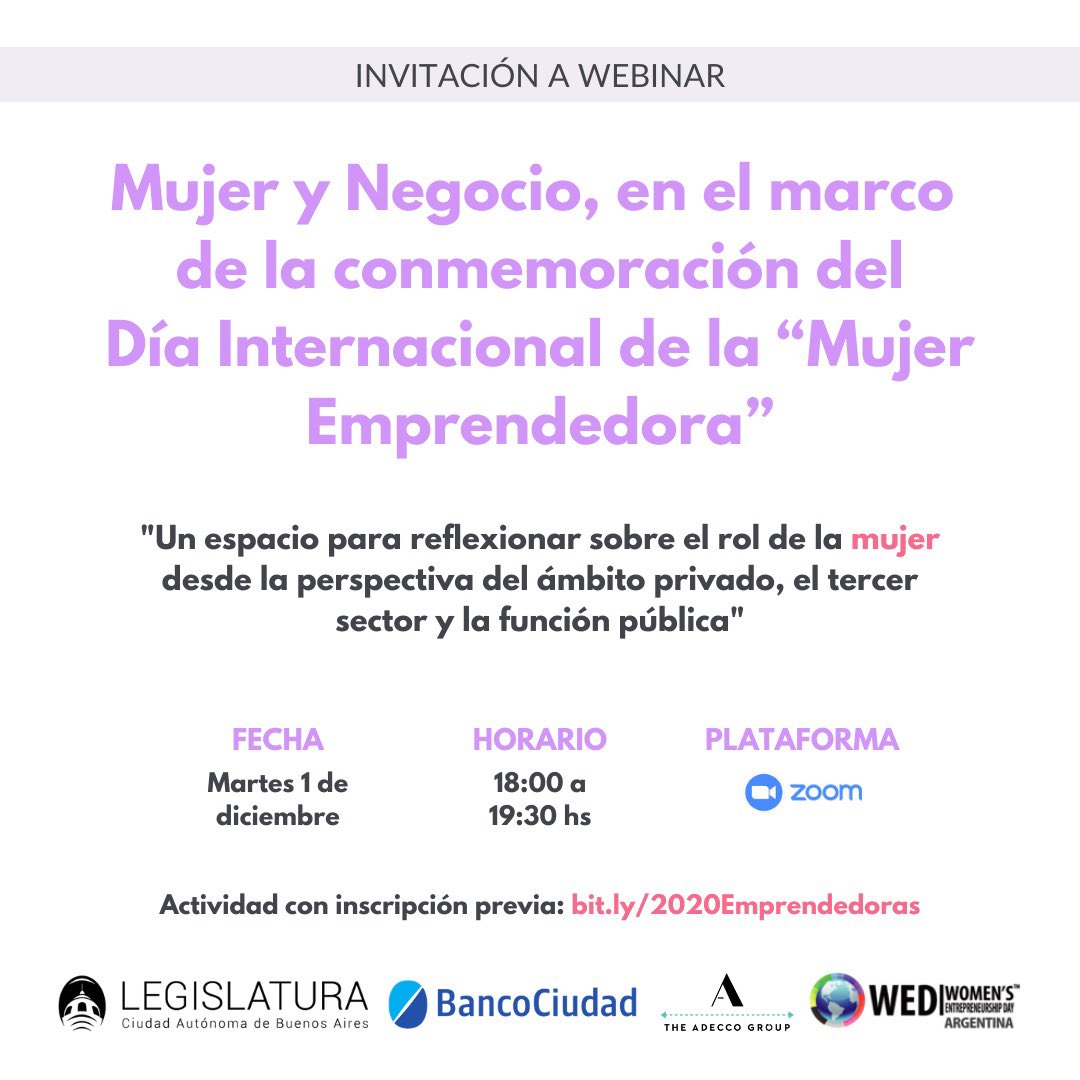 El próximo martes 1 de diciembre los espero en el evento “Mujer y Negocio”, en el marco de la conmemoración por el Día Internacional de la Mujer Emprendedora.
🗣 @ceciliaribecco, @Pabloliotti, @P_Villalba y @msolmendez.
🕑 18 hs.
🔗 https://t.co/mpqVGFxUCT https://t.co/tdhDOVHP1S