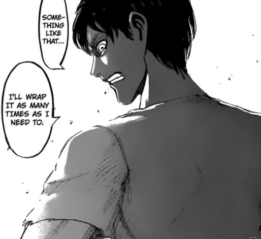 Mikasa’s declaration motivates Eren. He stands up and before hitting Dina, he makes a promise which is is the continuation of their engagement with the scarf.