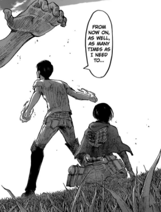 Mikasa’s declaration motivates Eren. He stands up and before hitting Dina, he makes a promise which is is the continuation of their engagement with the scarf.