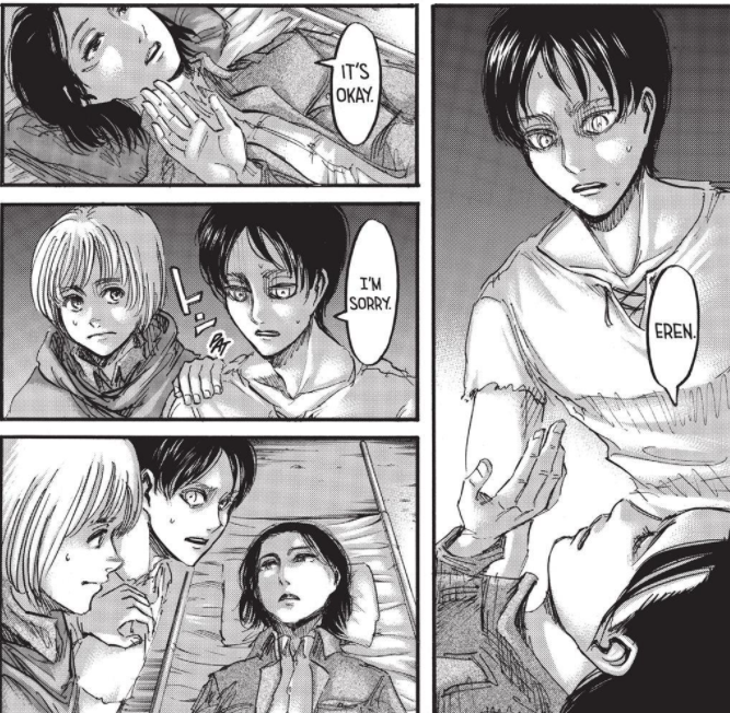 Because of his complex, Eren knows that he indirectly injured Mikasa. After that, this is the beginning of the new era in their relationship