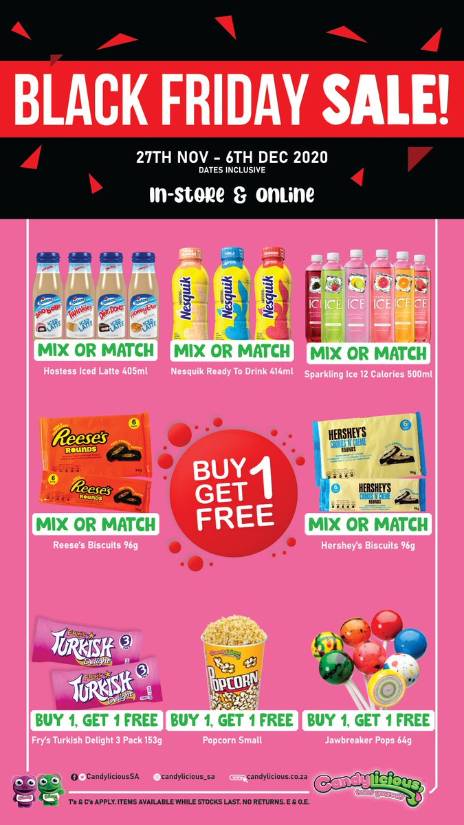 CandyliciousSA's tweet photo. Treat Yourself to these
NOT TO BE MISSED Great Deals!

BLACK FRIDAY SALE
27 November-6th December

Carnival City
Gold Reef
GrandWest
Montecasino
Silverstar Casino
Sun City
Time Square

T's&amp;C's Apply
While Stocks Last
No Returns

#BlackFriday2020
#CandyliciousSA
#TreatYourselfSA https://t.co/QIE6WjhrEm