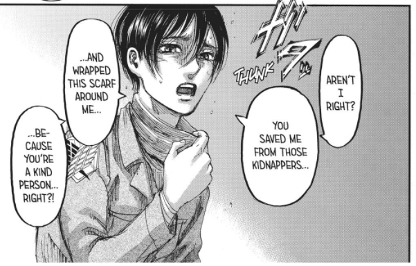 Mikasa recalls he saved her so that once again it has "displeased" Eren. So, Eren continues to provoke her about the fact that Mikasa sees him only as a family or that he saves her.