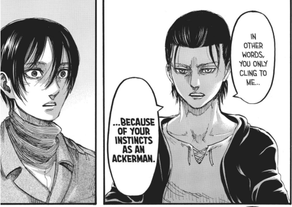 Mikasa recalls he saved her so that once again it has "displeased" Eren. So, Eren continues to provoke her about the fact that Mikasa sees him only as a family or that he saves her.