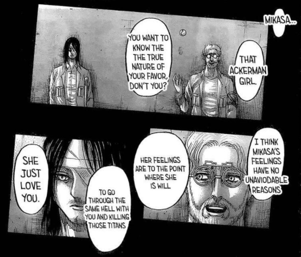 Eren just wanted M to love him for who he is: but can't seem to get past his own lie because M actually loves him for THAT without artifice or anything else. And starts to believe his own lie applying the Ackermans, thinking that M only loves him because of her Ackerman blood