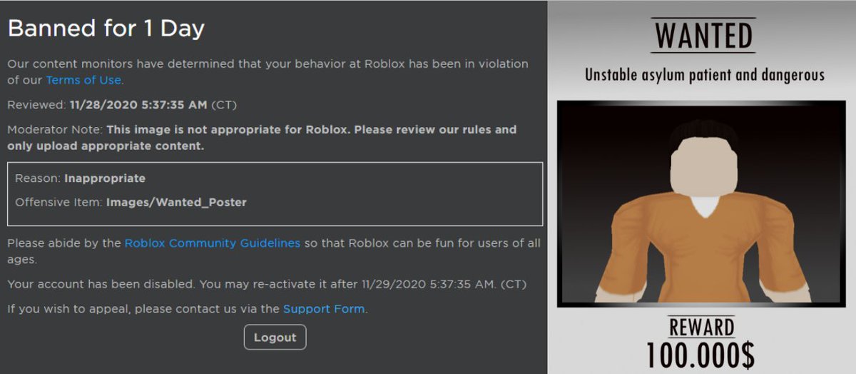 Banned for 1 day, Banned From Roblox