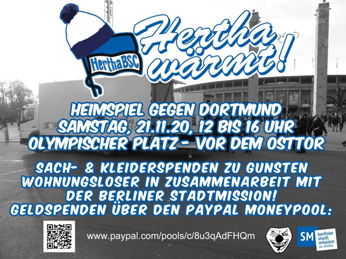 Hertha Berlin ultra group Harlekins will collect clothes, sleeping bags and other items for the homeless in Germany’s capital.(Via  @FKOstkurve) 7/23