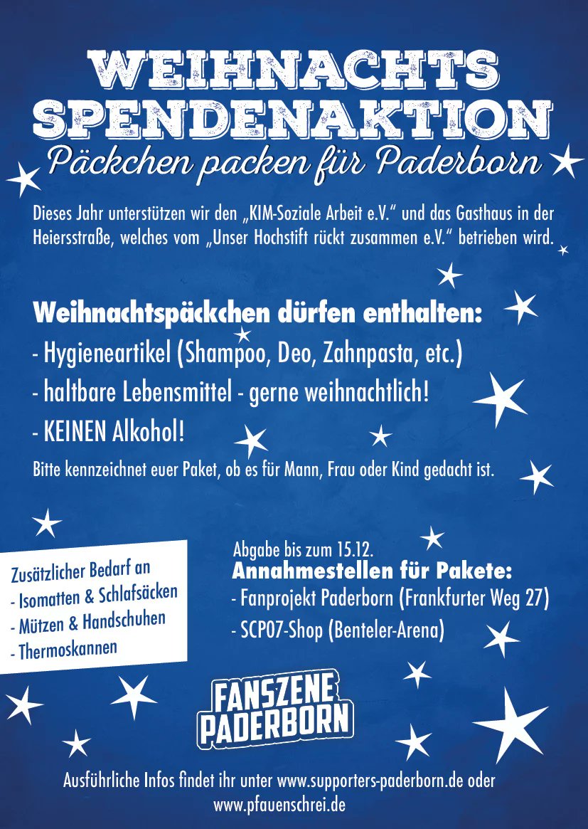 SC Paderborn’s fan and ultra scene will collect items which will be donated to the city’s homeless and underprivileged. 9/23