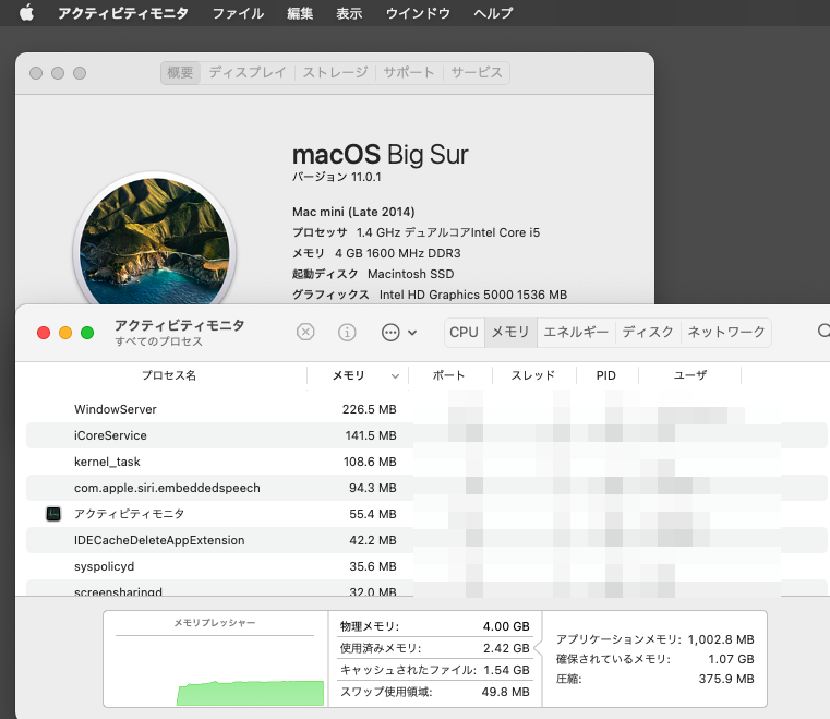 yo86237490's tweet photo. Big Surはメモリ効率良くなったのかな？
起動直後で2.1～2.4GBしか...

Mac mini(2014)の最低モデルでBig Surって人が何人もいるとは思えんし、ましてXCode使うなんて..

あのアプリ開発の為だけに買った一番安いMacMini2014
m1が話題だけど、まだしばらく現役の予定。

#BigSur
#MacMini2014 https://t.co/HLPhqnsOUW
