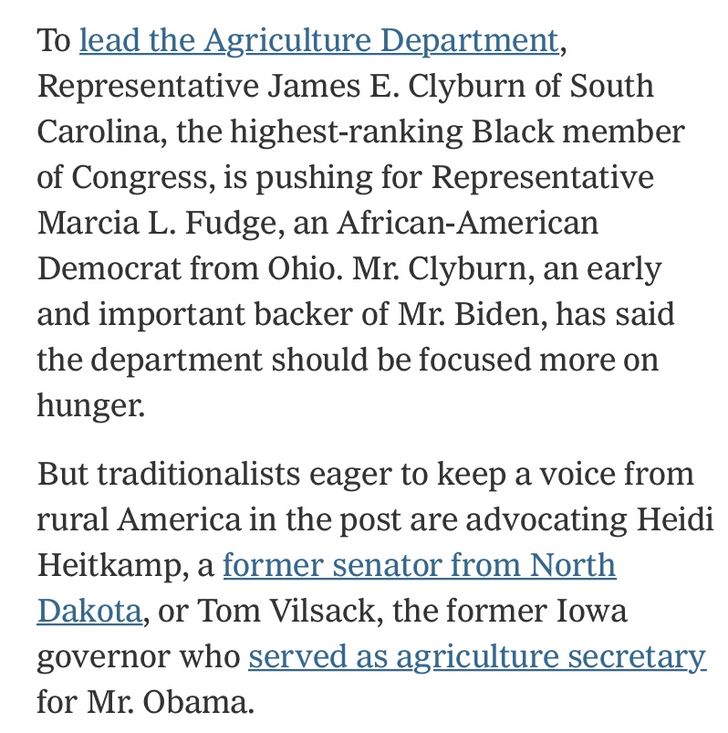 BS framing repeated today. Again, Heitkamp and Vilsack do not “represent rural America.” They have no popular constituency, no impulse for new policy. They rep agribusiness.  https://www.nytimes.com/2020/11/28/us/politics/biden-cabinet.html?referringSource=articleShare