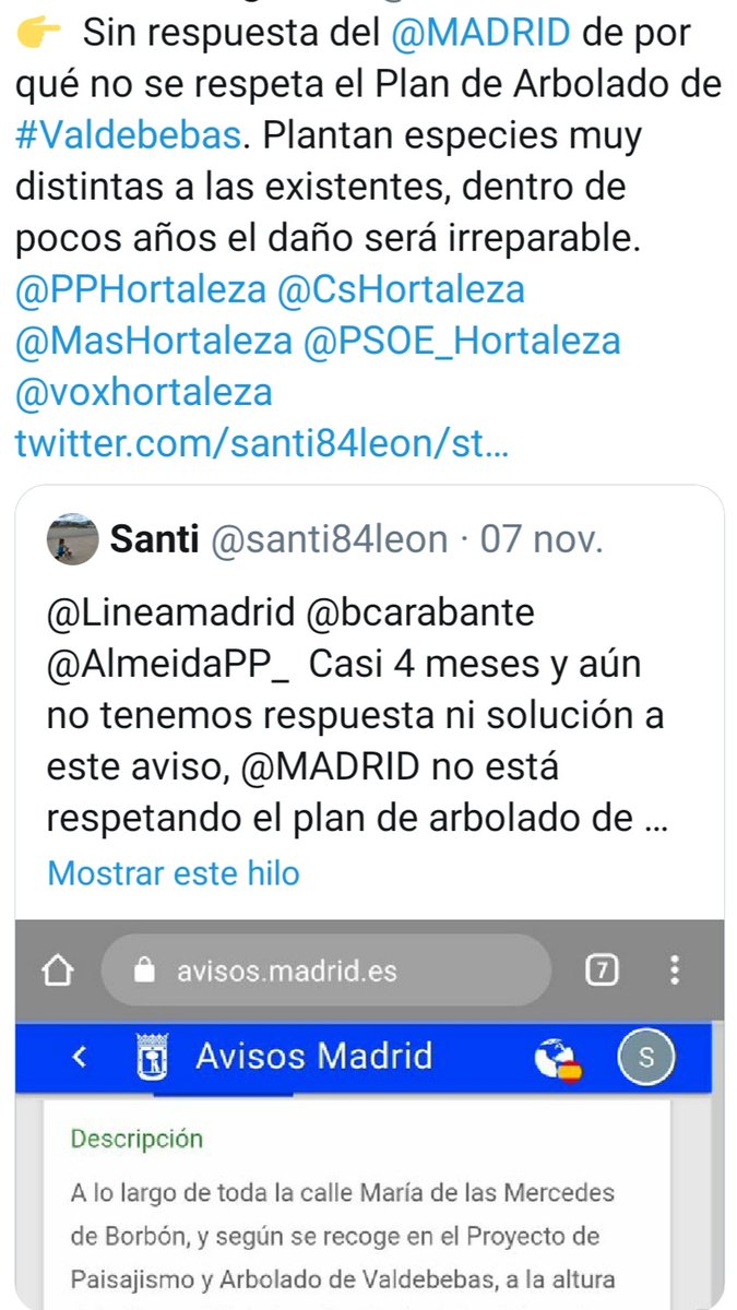 JavierCaso's tweet photo. @Jesus64526628 @marini_o @santi84leon @Lineamadrid @bcarabante @AlmeidaPP_ @MADRID @AVValdebebas @PPHortaleza @CsHortaleza @MasHortaleza @PSOE_Hortaleza @voxhortaleza @Valdebebas @VdeValdebebas @ValdebebasXXL @HilosValdebebas @haro_barchin @RecipesForLinux @newjulia @depeche9243 👉 Seguro que el #PlenoHortaleza insta al @MADRID a repoblar con árboles adecuados, en tamaño y estética, los jardines; respetando así el Plan de Arbolado de #Valdebebas.
👉 ¿Nos ayudan @PPHortaleza @CsHortaleza @MasHortaleza @PSOE_Hortaleza @voxhortaleza? https://t.co/XgCxf3NB2j