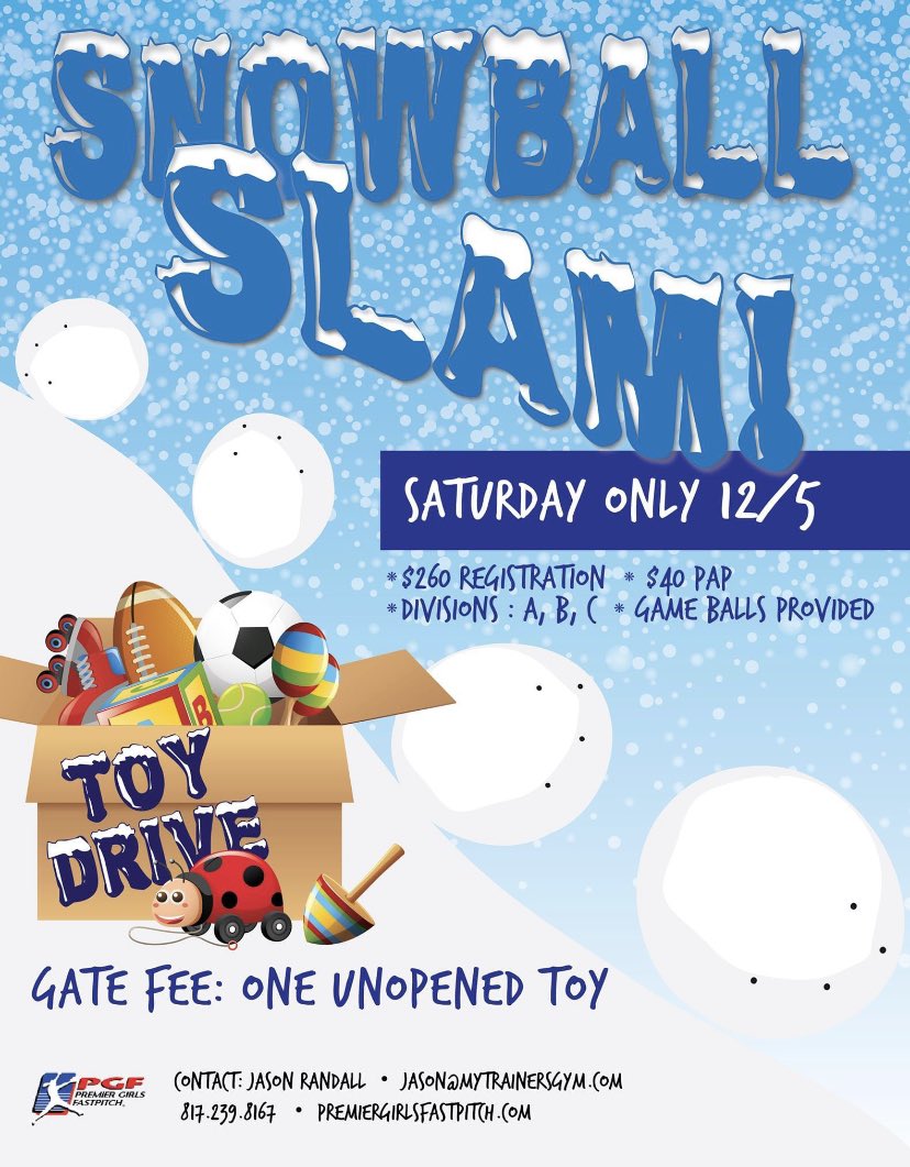 12/5 Snowball Slam Arlington Update:

8U: 1 team needed to make
14U: Made, can fit 2 more. 
High School: 1 team needed to make

Call or text Jason at 8172398167 to get in.
