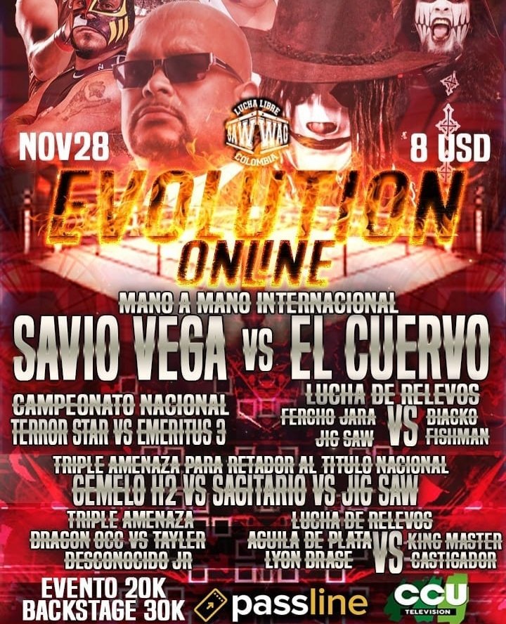 WrestlingColSoc's tweet photo. Aquí la cartelera para hoy en el evento #EVOLUTIONONLINE de la compañía de lucha libre colombiana Saw-Wag!!! @llibresawwag 🔥🔥🔥

El evento central tiene como protagonistas a el @cuervoluchadorc Vs el Boricua mayor... el tío @SavioVega 😮 👇 https://t.co/GubOade2Sm