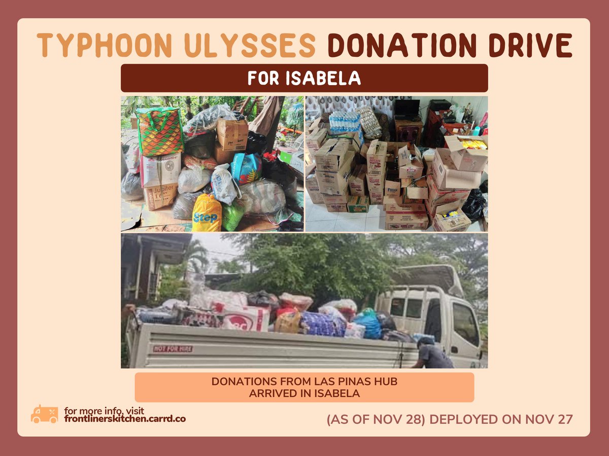 FLKitchenPH's tweet photo. ‼️ UPDATES 📄🚛

[IKDs]

Earlier today, Frontliners’ Kitchen was able to prepare and mobilize donations from several of our collection hubs to beneficiaries in communities affected by typhoons Rolly and Ulysses! 🚛✈

#FeedTheFight #UlyssesPH https://t.co/FZEjsKZToI