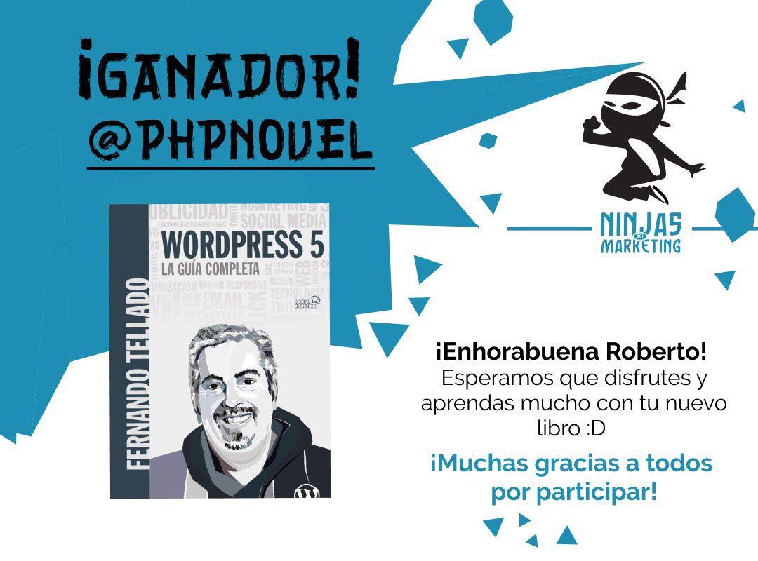 ninjasdelmkt's tweet image. 🎉 ¡Tenemos ganador del SORTEO! 🎉 🥁🥁
Y el libro de @fernandot se viene para Granada 😅 ... ¡ENHORABUENA @phpnovel! 👏🏽👏🏽

¡Muchísimas Gracias a todos por participar! Habrá más cositas pronto, así que atents a nuestras redes 😉

#WordPress5 @Anaya_Multimed #NinjasdelMarketing