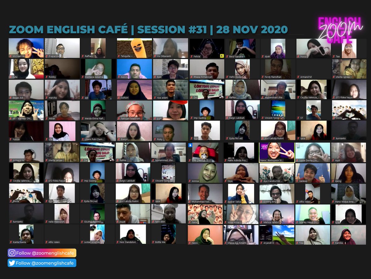 zoomenglishcafe's tweet image. Starting off with 200s people. Great to talk to you guys! Thank you! 💜😊✨ #ZoomEnglishCafe #Session31
