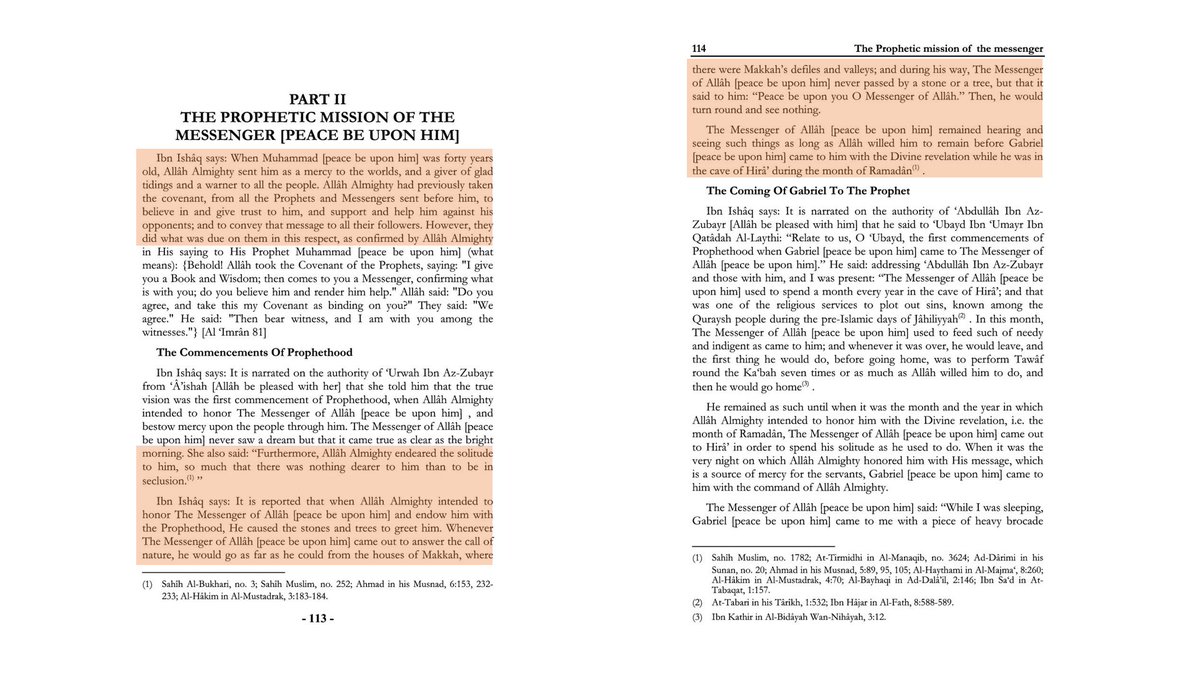 5/n Hisham quotes, Ishaq who quoted Ayesha that how Muhammad received his prophet-hood when he was 40.Hisham through Ishaq goes on to mention about how Muhammad trees and stones began to greet (was it not hallucination) and Gabriel appears.