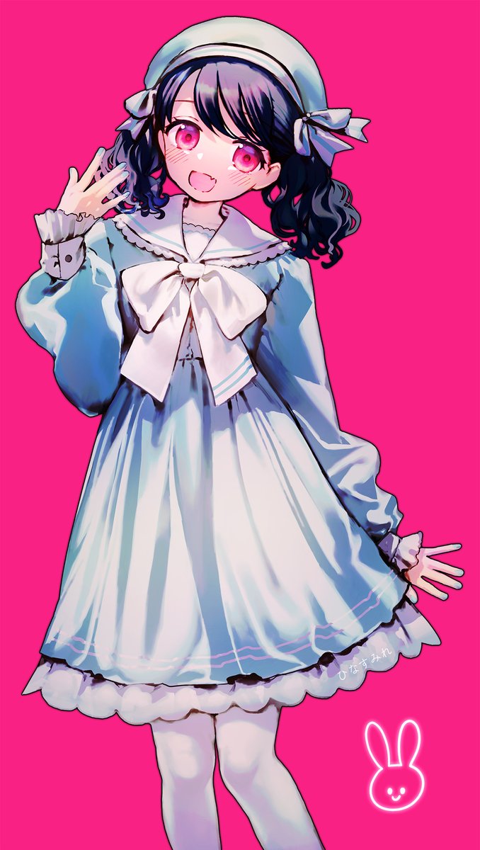 fukumaru koito 1girl solo twintails pink background dress black hair hat  illustration images