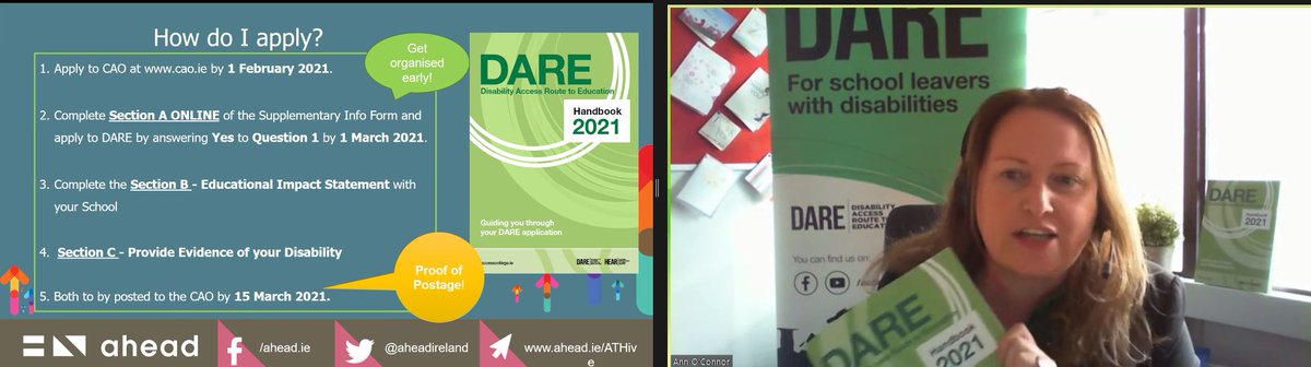 aheadireland's tweet photo. One of the most common topics students as us queries on is on the Disability Access Route to Education (DARE). We are just delighted to have Ann O'Connor from DCU explain to attendees what you need to be eligible and how exactly to apply for this scheme. #BetterOptions2020 https://t.co/1KteruHDcL