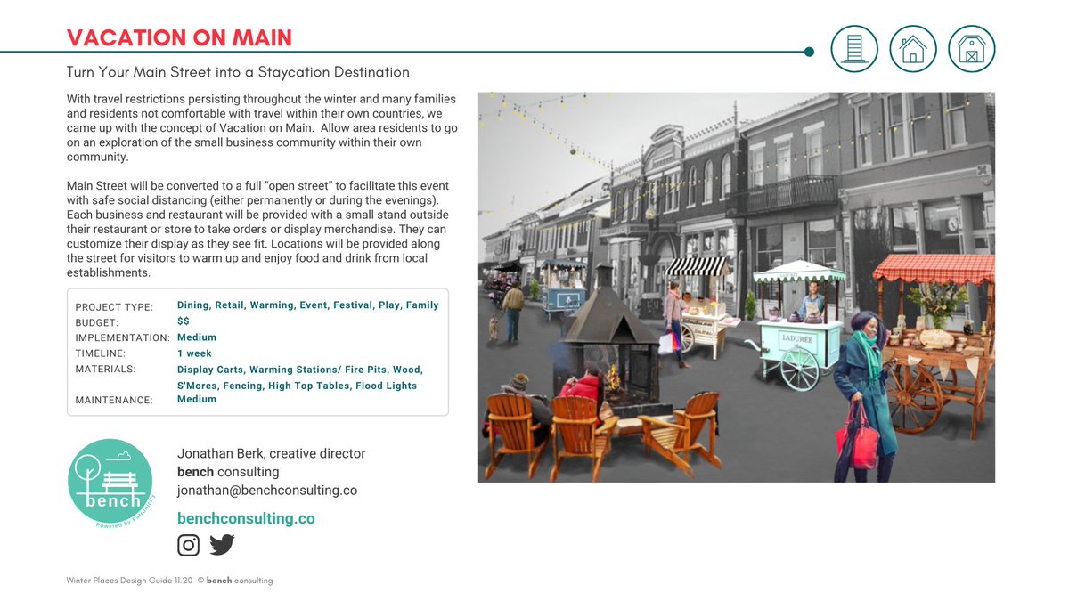 For even more ideas, check out the "Winter Places" guide for low cost project ideas for your main street or downtown to encourage people to embrace winter outdoors this year!  https://benchconsulting.co/winter-places/&nbsp;