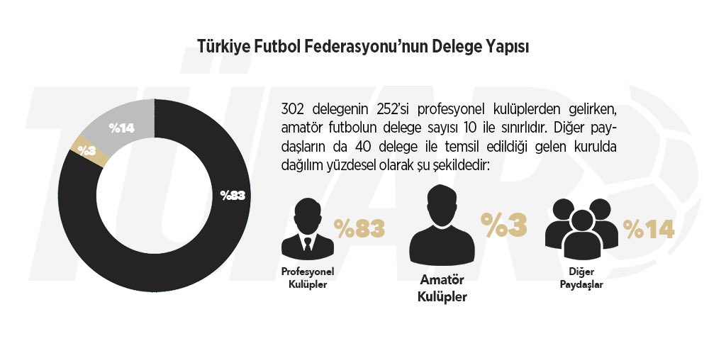Diğer paydaşların 40 delegeyle katıldığı genel kurulda amatör futbolun delege sayısı 10 ile sınırlıdır. TFF'nin seçimlerinde amatör futbolun etkisi %3 ile sınırlı kalırken, Süper Lig kulüplerinin ağırlığı %42, profesyonel kulüplerin toplam ağırlığının ise %83 olduğu görülmektedir
