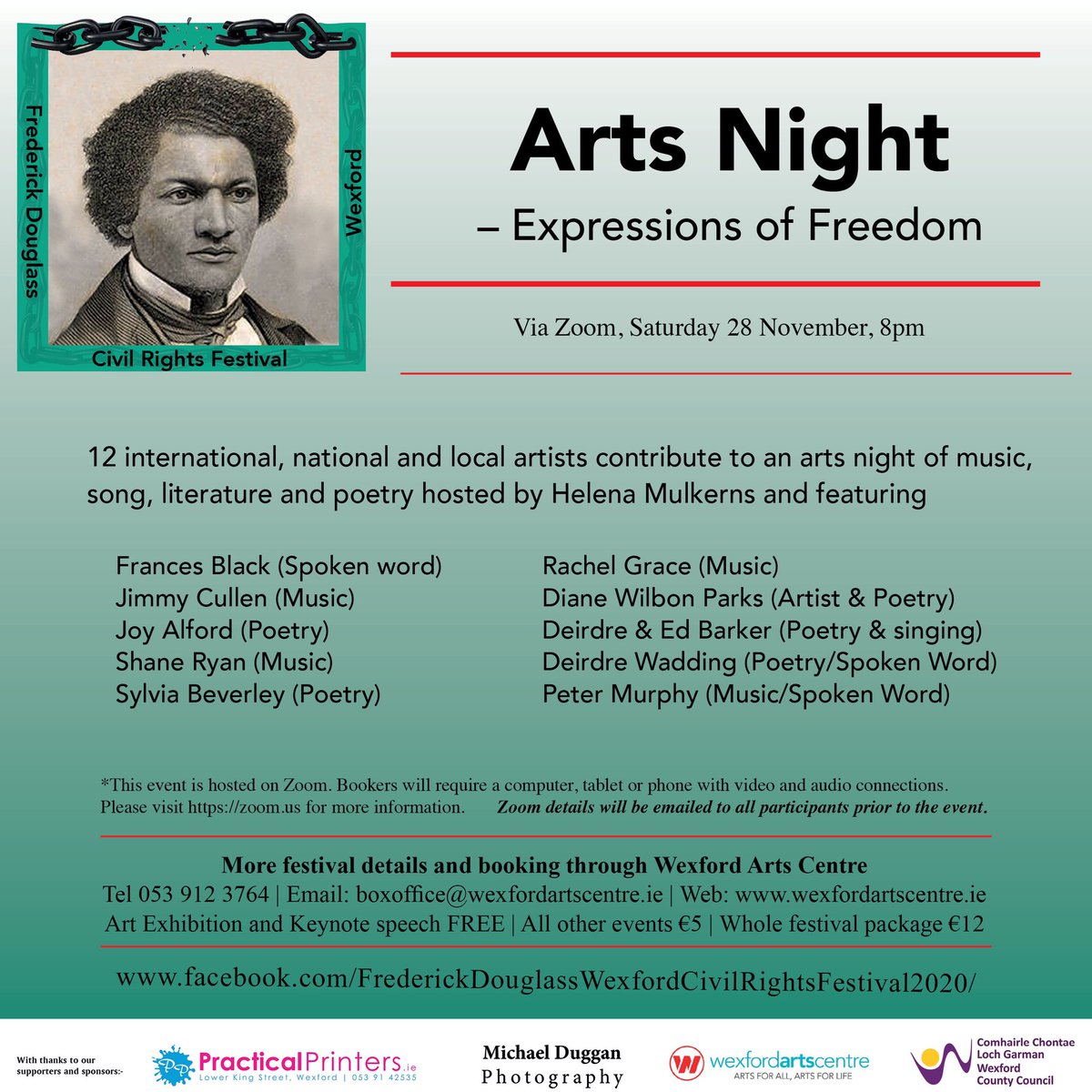 HelenaMul's tweet photo. Hi! I'm honoured to be MC at tonight's "Arts Night" of the Frederick Douglass Civil Rights Festival in Wexford.  It promises to be a great evening, see line up attached, and buy your ticket here:  https://t.co/mR5yCRfQYR https://t.co/WawN0WiDDa