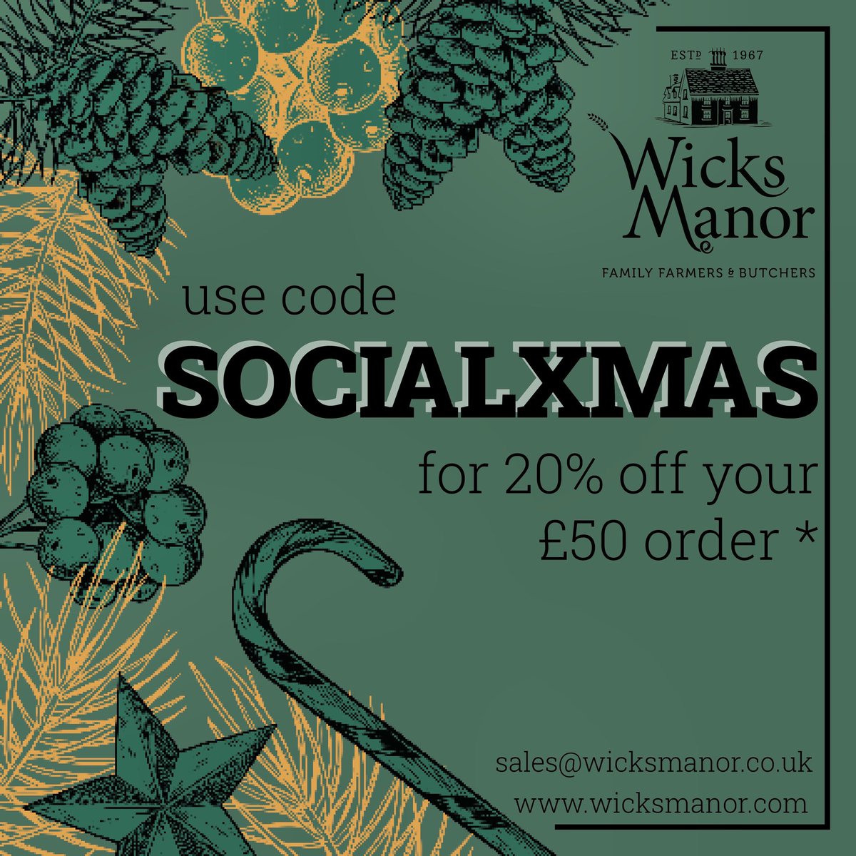 Wicks Manor (@wicksmanorfarm) on Twitter photo Are you ready for the festivities?! We are! So, from our family to yours, be sure to use the discount code SOCIALXMAS for 20% your order!! 👀🎄
#WicksManor #Christmas #Pork  #WeAreWicksManor #CyberMonday
*Orders over £50. Use on repeat orders. Excluding bundles. Ends 18th Dec. Are you ready for the festivities?! We are! So, from our family to yours, be sure to use the discount code SOCIALXMAS for 20% your order!! 👀🎄
#WicksManor #Christmas #Pork  #WeAreWicksManor #CyberMonday
*Orders over £50. Use on repeat orders. Excluding bundles. Ends 18th Dec.