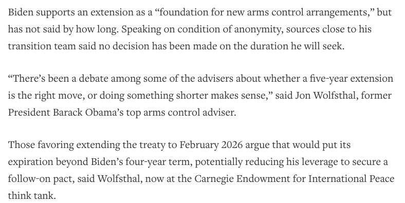 Sigh. Here’s why: Gambling with a short-term extension of New START carries far more downside than upside. A full five-year extension is perfectly consistent with–and sets the best table for–pursuing talks on a follow-on agreement. Long thread. (1/n)  https://www.reuters.com/article/usa-biden-armscontrol/biden-urged-to-extend-u-s-russia-arms-treaty-for-full-5-years-without-conditions-idUSKBN2852Y0