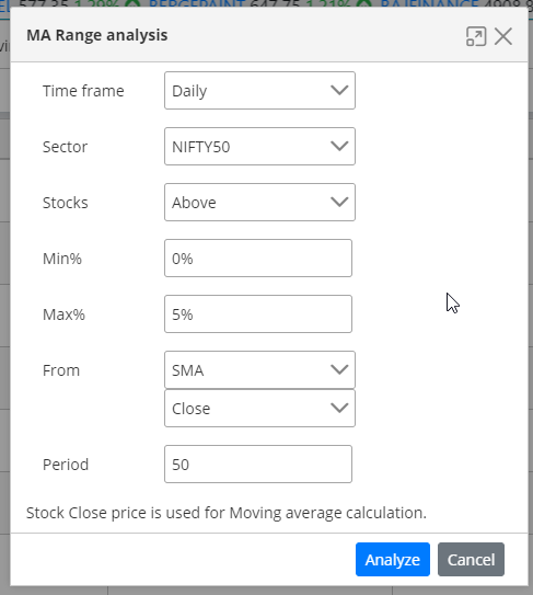 ssstockalerts's tweet photo. Dear Friends,
#Sssnewfeature
#MovingAverageRange
#RangeAnalysis
We have implemented Moving Average Range analysis feature.
> U can get stocks which are above 0% to 5%(u can define any range) of SMA 50(Any period) on Daily.
> Customize based on ur analysis. https://t.co/ZFnneMeNkl