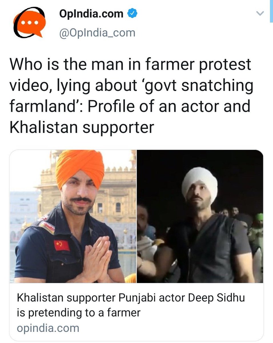 Actor who was with farmers and tried to negotiate with the police to allow them to move, branded a Khalistani by propaganda website. Every protester is either anti national, naxal or jihadist. So predictable. The ‘othering’ #deepsidhu