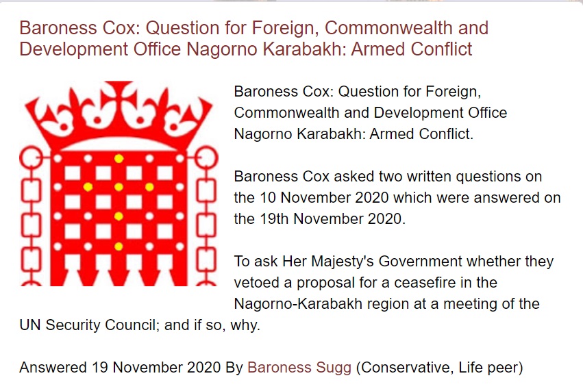 BaronessCoxNews's tweet photo. Baroness Caroline Cox: Two questions for @FCDOGovUK To ask Her Majesty's Government whether they vetoed a proposal for a ceasefire in the #NagornoKarabakh region at a meeting of the UN Security Council; and if so, why. #Armenia #armeniens   https://t.co/JS4elKGX8C https://t.co/5nzdjC4ooD