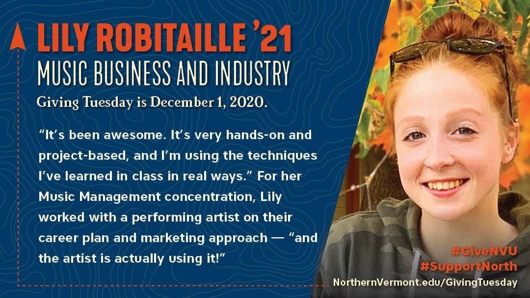 BrianWarwick_'s tweet photo. Lily Robitaille ’21, Music Business and Industry major. “It’s very hands-on and project-based, and I’m using the techniques I’ve learned in class in real ways.” #GiveNVU #SupportNorth #GivingTuesday https://t.co/DP7Ayy4bJD