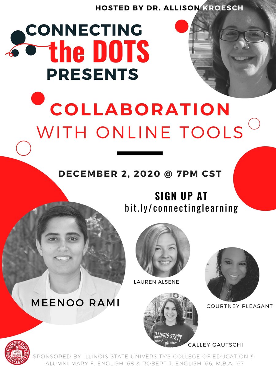 TCH_ISU's tweet photo. Don't miss the final @IllinoisStateU @educationISU Connecting the DOTS live sessions next week! They are for-educators-by-educators &amp; free!
12/2 @ 7pmCT Collaboration w/Online Tools &amp; 12/3 @ 7pmCT Anti-Racist Approaches! https://t.co/jM6rjmqse8 https://t.co/GI1xV3NdhN