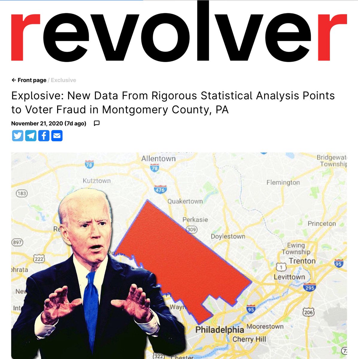 “Considerable evidence consistent w/possibility of electoral fraud in vote counts: Montgomery County, PA..11/5/20 9:09am: Large batch of 90,022 mail/absentee votes get added = over 95% support for Biden, total votes go up by only 9,534.. @SidneyPowell1 https://www.revolver.news/2020/11/explosive-new-data-from-rigorous-statistical-analysis-points-to-voter-fraud-in-montgomery-county-pa/