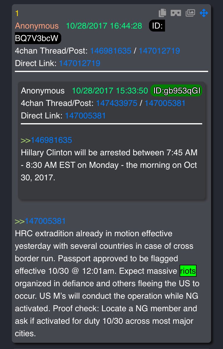 1/ I had an epiphany, which dawned on me when I revisited this drop“No war. No civil unrest. Clean and swift.”This is pretty clear“But 1_7’s first post said-“1_7’s first post said “Expect massive riots to be ORGANIZED”That means expect them to be *planned* - or even...